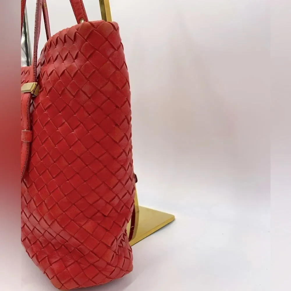 Auth Bottega Veneta Red Intrecciatp Napa Leather Tote Shoulder Bag Preloved